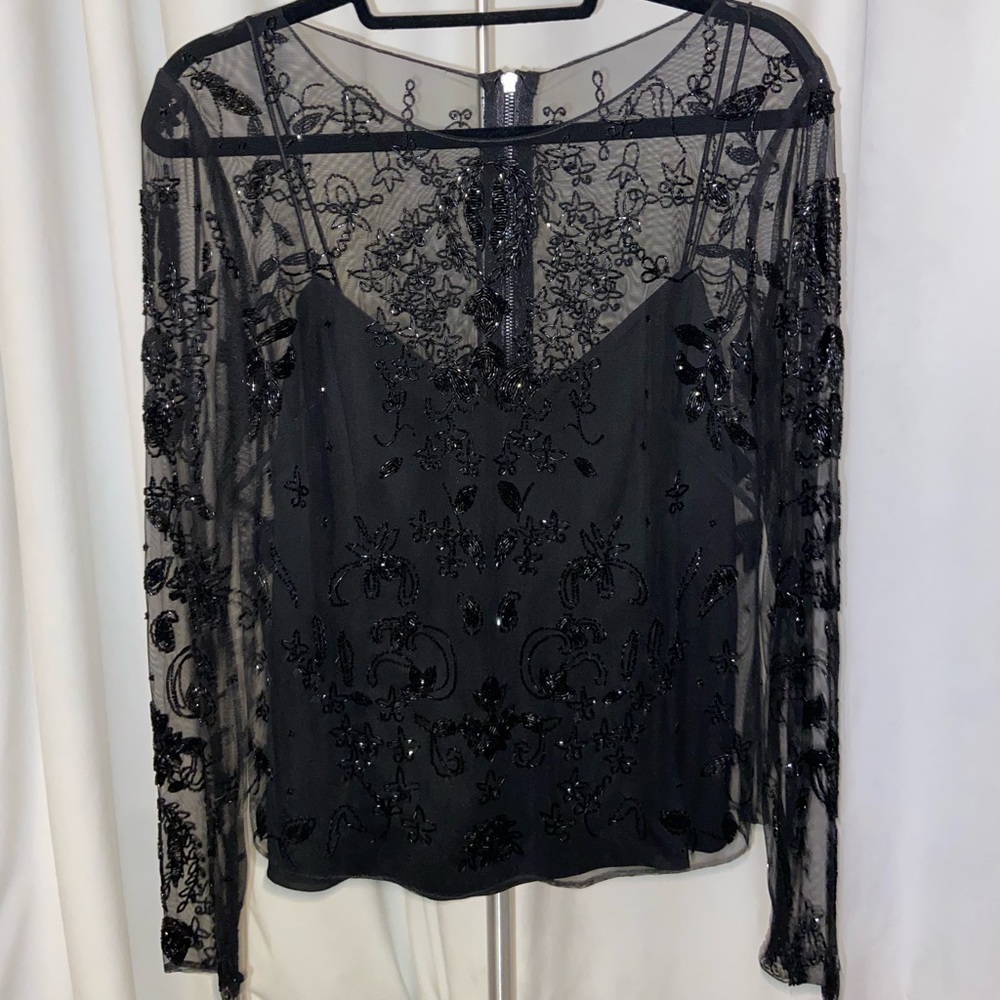 Sequin embellished sheer long sleeve blouse with slip tank and zipper back
